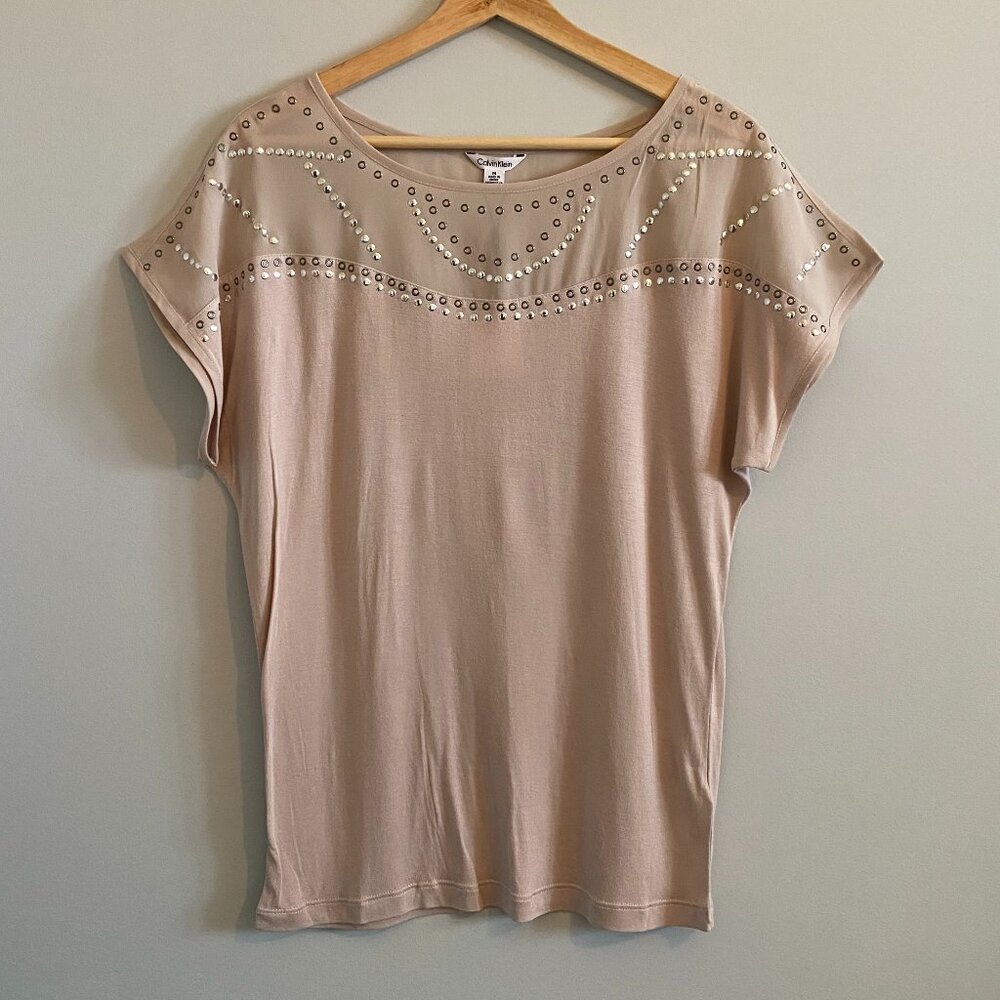 NWT Calvin Klein Pink T-shirt Blouse with Silver Hardware Grommets Sheer Panel